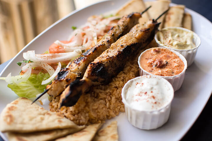 Homemade souvlaki and pita.