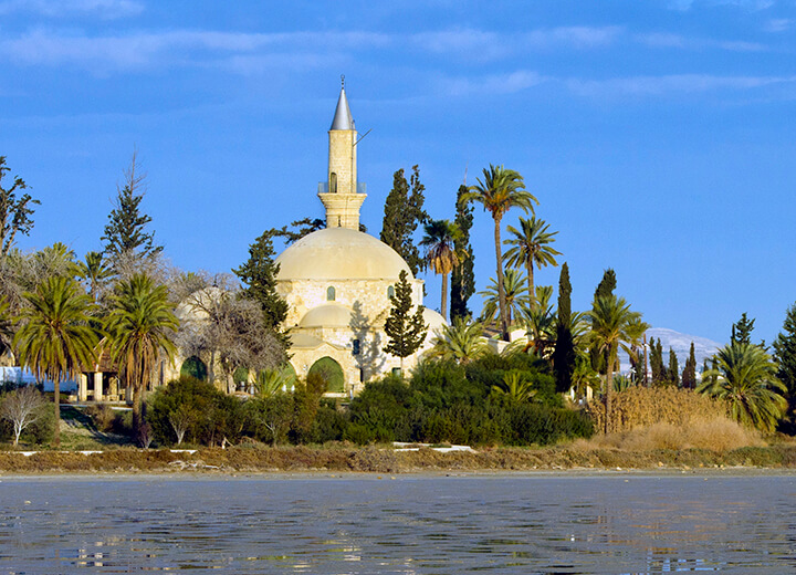 A grove of cypress and palm trees and the Larnaca salt lake surround Hala Sultan Tekke.