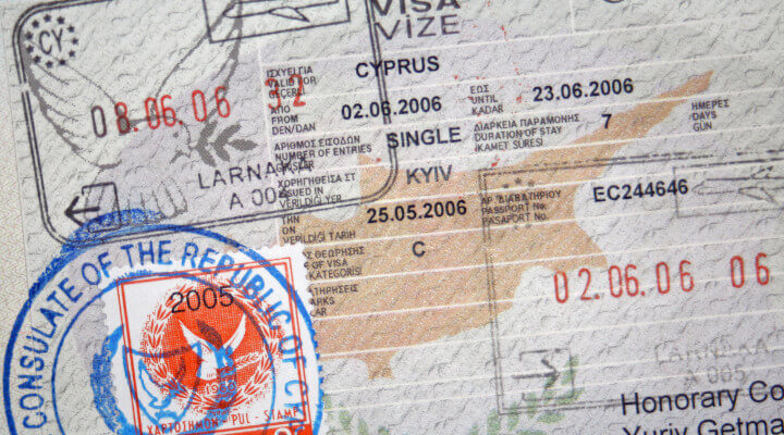 Page from a Cyprus passport with visa stamps