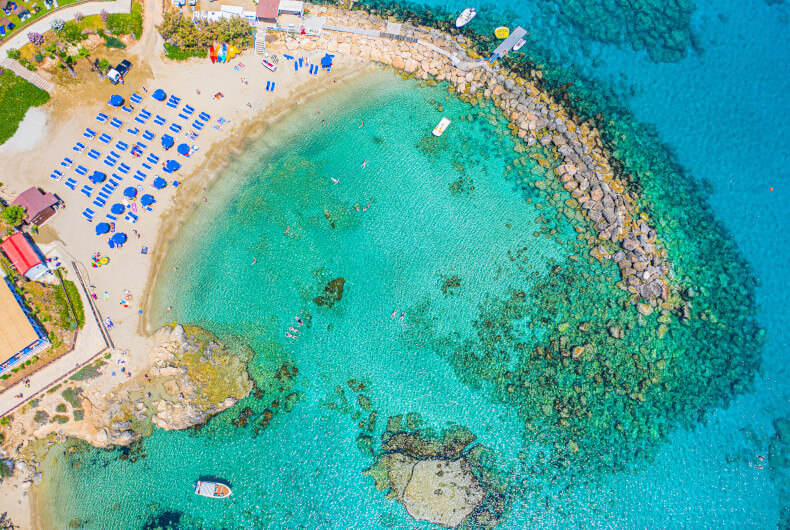 Aerial view of clear blue green water at Protaras